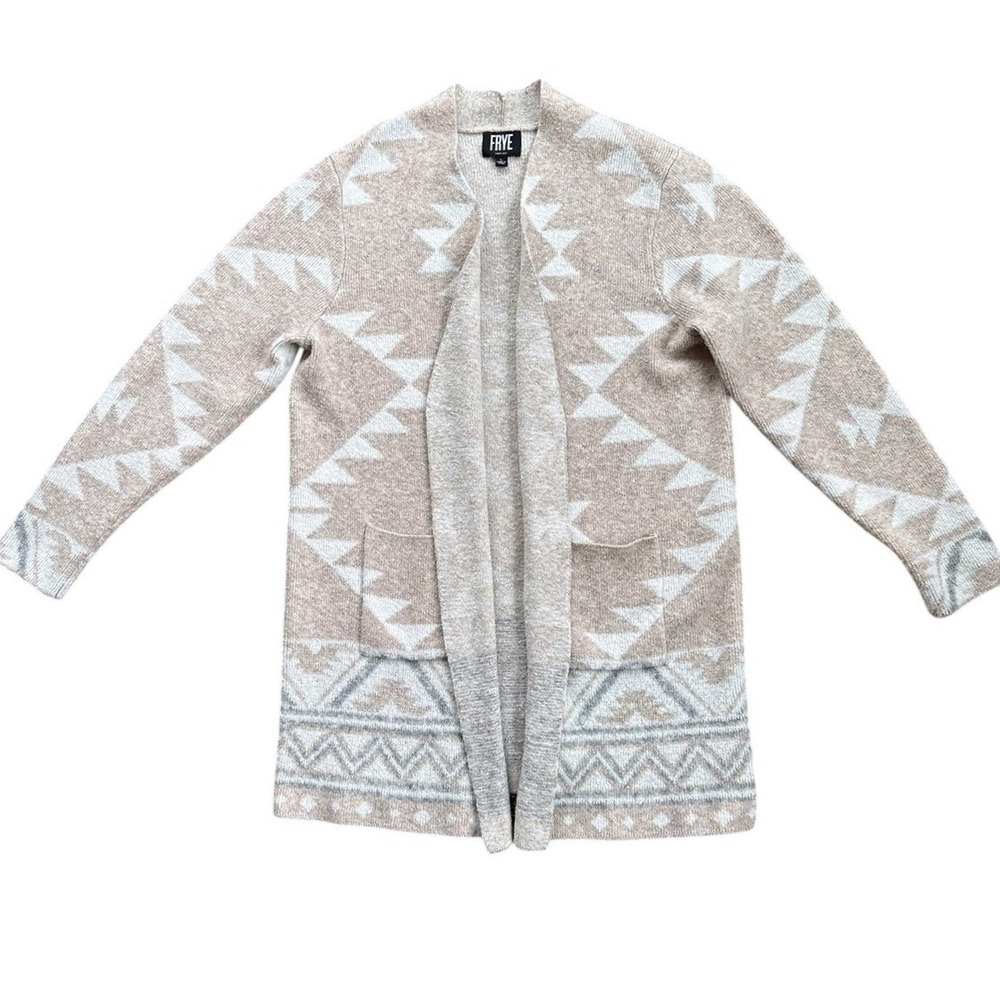 Frye Cardigan Sweater Womens Large Oatmeal Geometric Southwestern Open Excellent - Picture 3 of 7